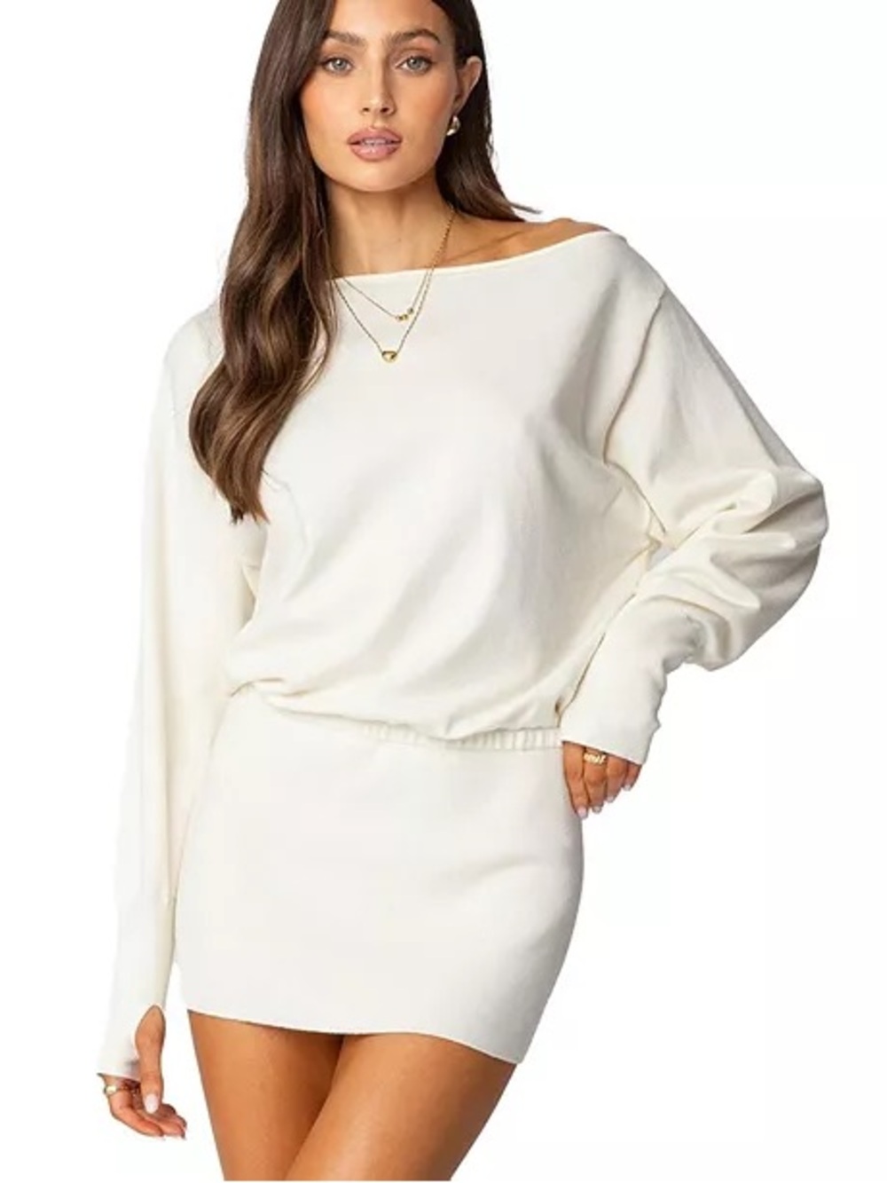 Edikted Off-the-Shoulder Cream Sweater Mini Dress, Bodycon, Fall